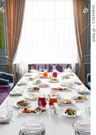 Served for banquet restaurant table with dishes 53640645