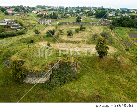 Aerial view to ruined castle in Pidzamochok 53640663