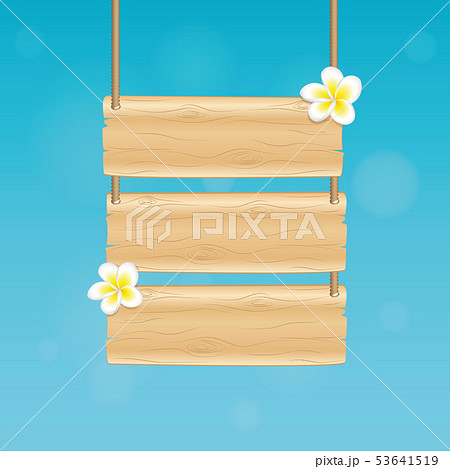 blank hanging wooden sign with frangipani tropical flowers on blue background 53641519