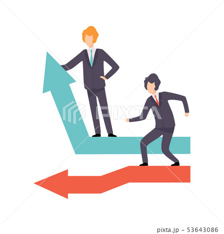 Businessmen Standing on Moving Down and Growing Up Arrows, Business Competition, Rivalry Between Businessmen Standing on Moving Down and Growing Up Arrows, Business Competition, Rivalry Between 53643086