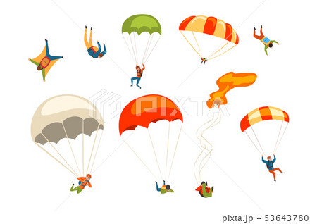 Skydivers flying with parachutes set, extreme parachuting sport and skydiving concept vector 53643780