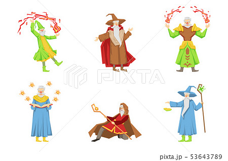 Flat vector set of magicians in different actions. Old gray-bearded wizards. Cartoon characters with 53643789