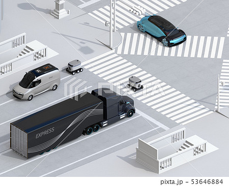 スクランブル交差点を通過する自動運転車と配送ロボットのアイソメイメージのイラスト素材 53646884 Pixta