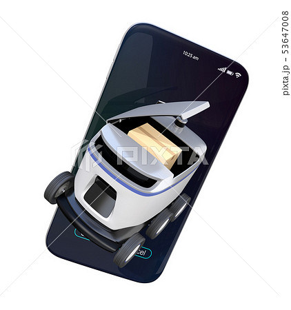 スマートフォンからデリバリーロボットが飛び立つイメージ。ラストワンマイルコンセプト スマートフォンからデリバリーロボットが飛び立つイメージ。ラストワンマイルコンセプト 53647008