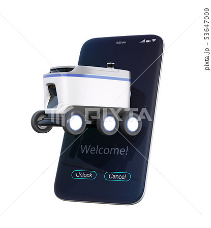 スマートフォンからデリバリーロボットが飛び立つイメージ。ラストワンマイルコンセプト 53647009