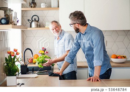 An adult hipster son and senior father indoors at home, washing vegetables. 53648784