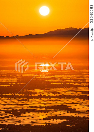 《新潟県》越後平野の夜明け・水鏡の田園風景 53649593