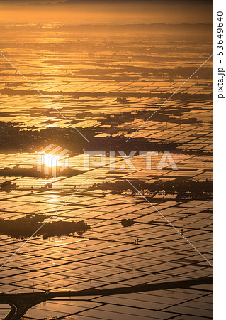 《新潟県》越後平野の夜明け・水鏡の田園風景 53649640