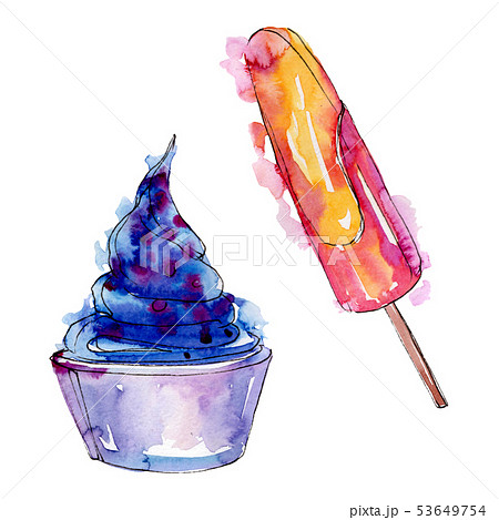 Tasty ice cream in a watercolor style. Aquarelle sweet dessert illustration set. Isolated desserts 53649754