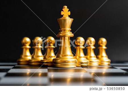 Gold king chess piece stand in front of pawn 53650850