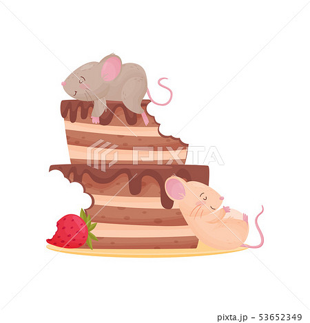 Two cute mouse overeat chocolate cake with strawberries. Vector illustration on white background. 53652349