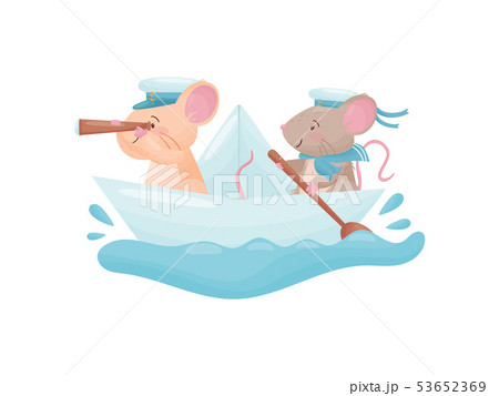 Pair of mice floating on a paper boat. Vector illustration on white background. Pair of mice floating on a paper boat. Vector illustration on white background. 53652369