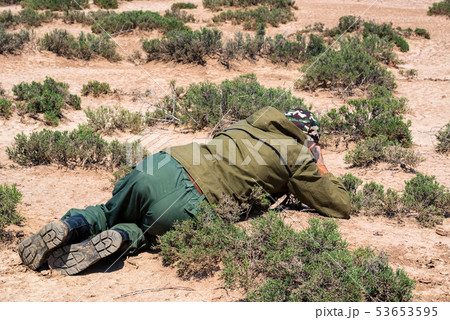 Back view outdoor photographer lies on ground taking picture of lizard in steppe Back view outdoor photographer lies on ground taking picture of lizard in steppe 53653595