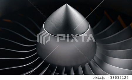 3D illustration jet engine, close-up view jet engine blades. Rotating blades of the turbojet. Part 53655122