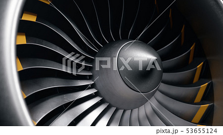 3D illustration jet engine, close-up view jet engine blades. Rotating blades of the turbojet. Part 53655124