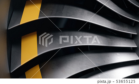 3D illustration jet engine, close-up view jet engine blades. Rotating blades of the turbojet. Part 53655125