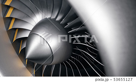 3D illustration jet engine, close-up view jet engine blades. Rotating blades of the turbojet. Part 53655127