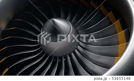 3D illustration jet engine, close-up view jet engine blades. Front view of a jet engine blades 53655146