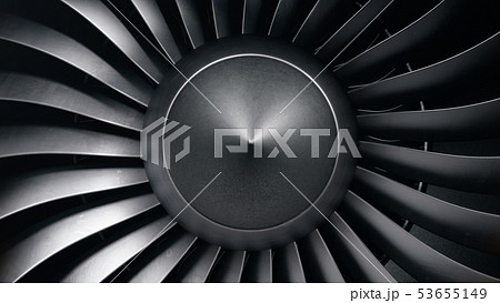 3D illustration jet engine, close-up view jet engine blades. Front view of a jet engine blades 53655149