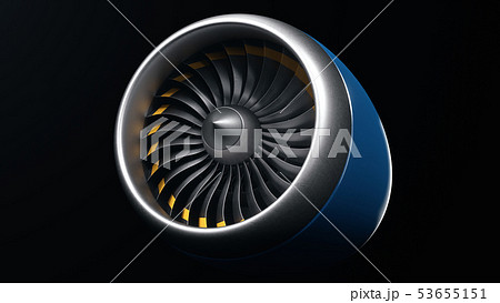 3D illustration jet engine, close-up view jet engine blades. Isolated on black background jet engine 53655151
