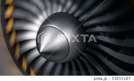 Jet engine, close-up view blades. Engine blades at the ends painted orange. Jet engine blades in 53655167