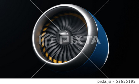 Jet engine, close-up view blades. Engine blades at the ends painted orange. Jet engine in motion 53655195