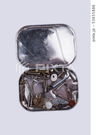 Various screws and nails in metal tool box. Various screws and nails in metal tool box. 53655886