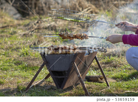Pork kebab with a mixture of spices on skewers on Pork kebab with a mixture of spices on skewers on 53659159
