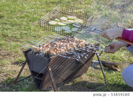 Pork kebab with a mixture of spices on skewers on 53659160