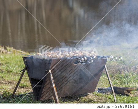 Pork kebab with a mixture of spices on skewers on Pork kebab with a mixture of spices on skewers on 53659161