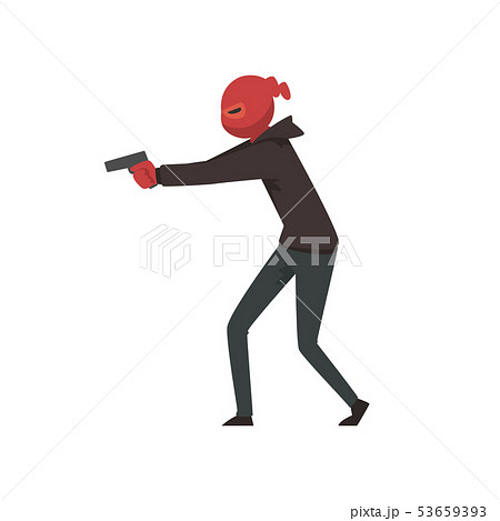 Robber or Burglar Dressed in Black Clothes and Mask Standing with Gun Vector Illustration 53659393