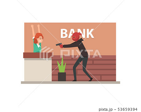 Bank Robbery, Armed Male Thief Threatening Employee Committing Burglary Vector Illustration 53659394