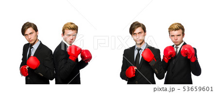 Pair of businessmen boxing on white 53659601