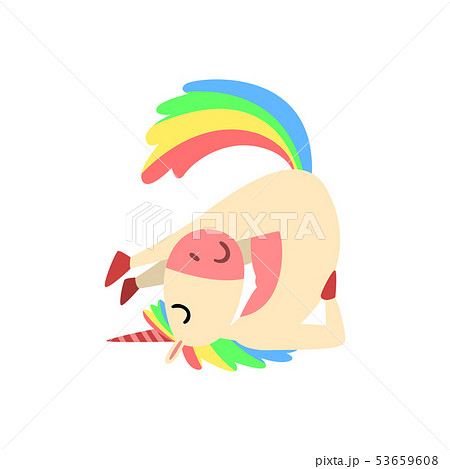Lovely Funny Unicorn Character with Rainbow Mane and Tail Practicing Yoga Exercise Vector 53659608