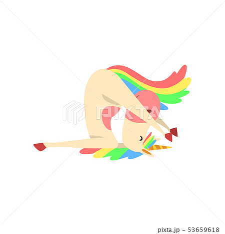 Funny Unicorn Practicing Yoga Exercise, Fantasy Beautiful Horse Character with Rainbow Mane and Tail 53659618