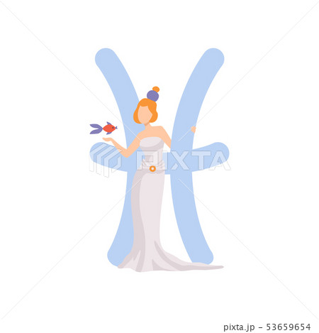 Pisces Zodiac Sign, Young Beautiful Woman Wearing Clothes in Style of Ancient Greece Vector 53659654