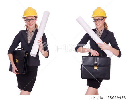 Female architect with blueprint isolated in white Female architect with blueprint isolated in white 53659988