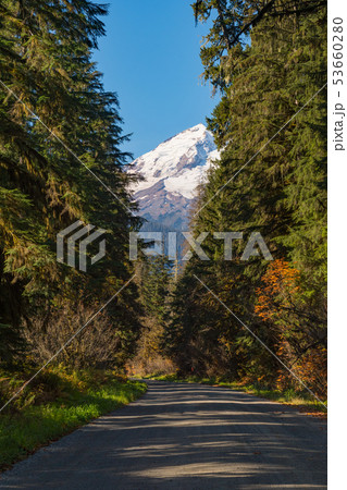 Baker Lake Road, surrounded by trees and snow-capped Baker Mountain in the background at North 53660280
