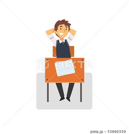 Smiling Student Sitting at Desk in Classroom, Side View, Schoolboy Studying at School, College 53660359