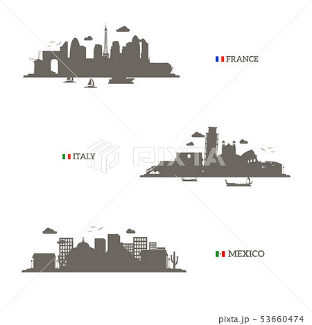 France, Italy and Mexico skyline silhouettes France, Italy and Mexico skyline silhouettes 53660474