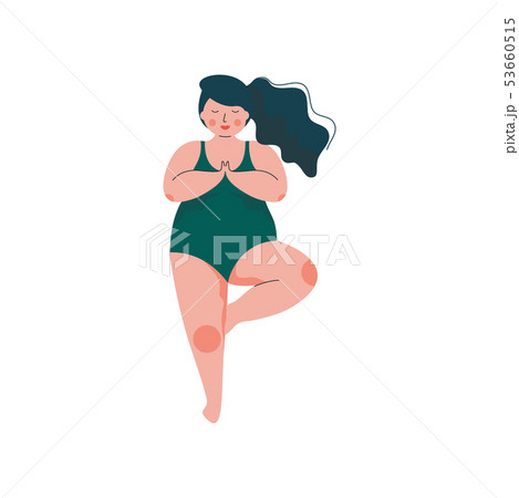 Beautiful Plus Size Curvy Woman in Vrikshasana Position, Plump Girl in Swimsuit Practicing Yoga Beautiful Plus Size Curvy Woman in Vrikshasana Position, Plump Girl in Swimsuit Practicing Yoga 53660515