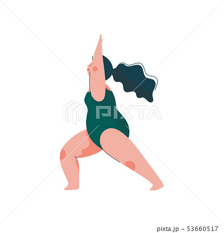 Beautiful Plus Size Curvy Woman in Virabhadrasana Position, Plump Girl in Swimsuit Practicing Yoga 53660517