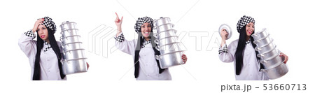 Cook with stack of pots on white Cook with stack of pots on white 53660713