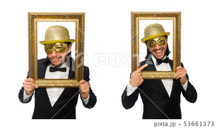 Funny man with picture frame on white Funny man with picture frame on white 53661373