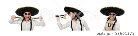 Funny man wearing mexican sombrero hat isolated on white 53661375