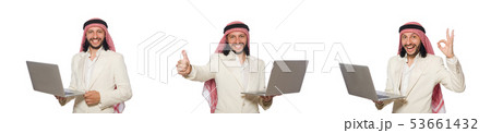 Arab businessman with computer on white Arab businessman with computer on white 53661432