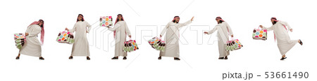 Arab man with shopping bags on white Arab man with shopping bags on white 53661490