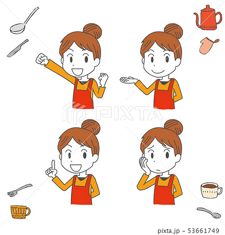料理 キッチン エプロン 女性 手書き風 人物のイラスト素材 53661749 Pixta