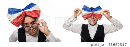 Funny man wearing giant bow tie 53662317
