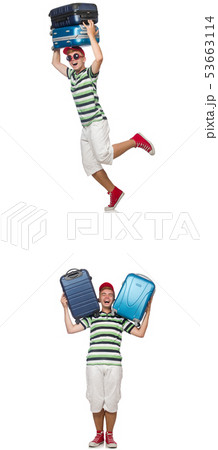 Young man with heavy suitcases isolated on white Young man with heavy suitcases isolated on white 53663114
